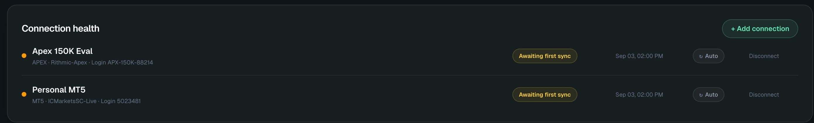 Connection health — per-account sync status, auto mode, one-click add connection