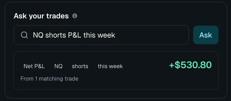 Ask your trades, answered — "NQ shorts P&L this week" returns +$530.80 from 1 matching trade